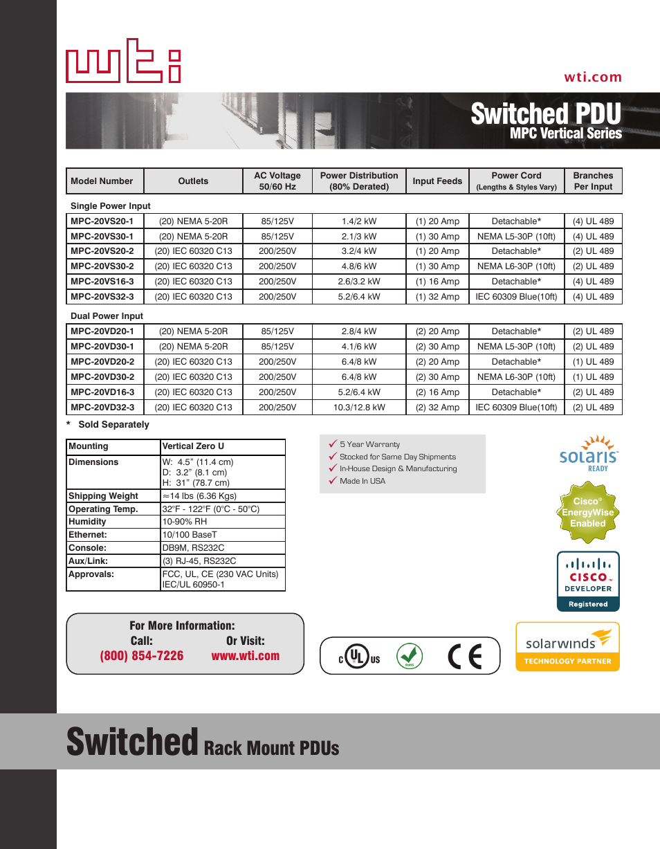 Switched, Switched pdu, Rack mount pdus | Mpc vertical serie s | Western Telematic MPC-20V Series User Manual | Page 2 / 2