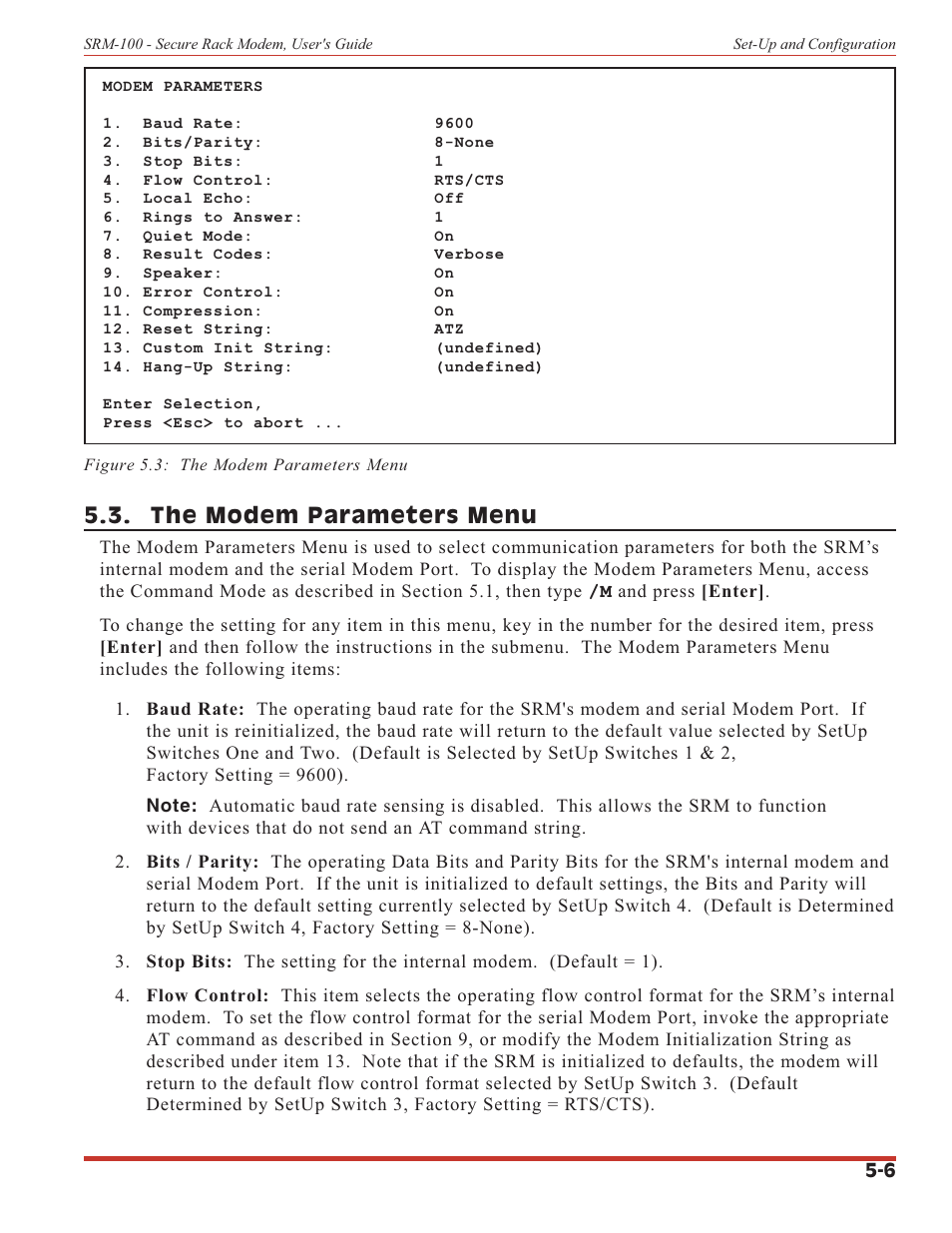 The modem parameters menu | Western Telematic SRM-100 User Manual | Page 22 / 61