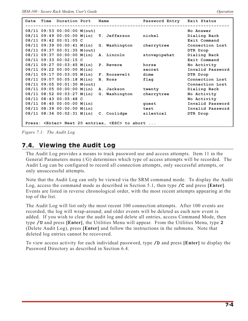 Viewing the audit log | Western Telematic SRM-100 User Manual | Page 33 / 61