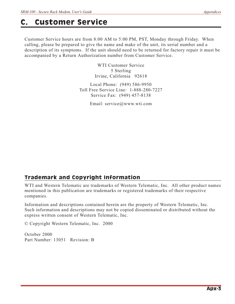 C. customer service | Western Telematic SRM-100 User Manual | Page 58 / 61