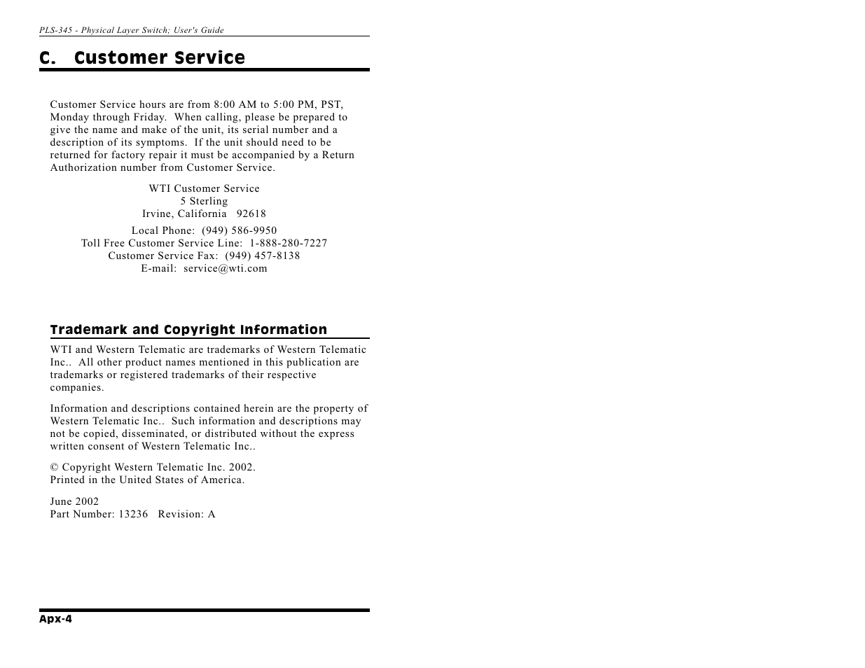 C. customer service | Western Telematic PLS-345 User Manual | Page 58 / 62