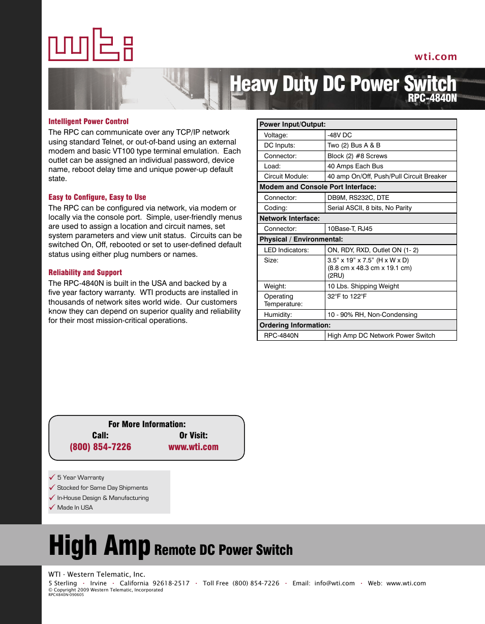 High amp, Heavy duty dc power switch, Remote dc power switch | Rpc-4840n | Western Telematic Net Reach RPC-4840N User Manual | Page 2 / 2