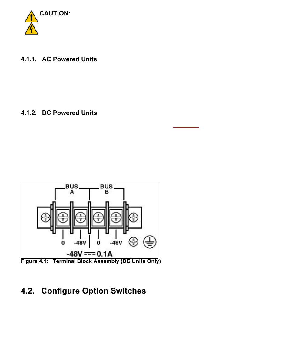 Ac powered units, Dc powered units, Configure option switches | Terminal block assembly (dc units only) | Western Telematic CMS-16 User Manual | Page 14 / 62