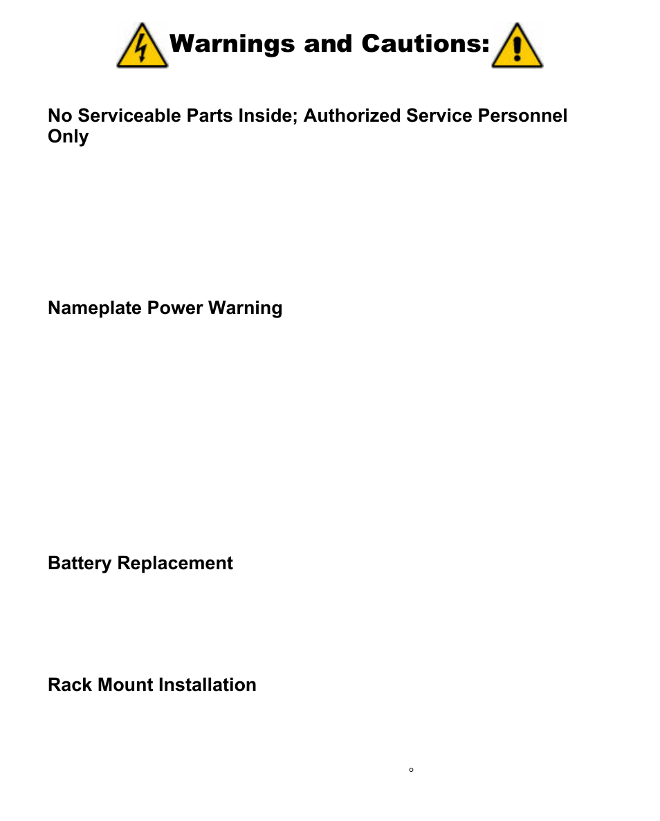 Warnings and cautions, Nameplate power warning, Battery replacement | Rack mount installation | Western Telematic CMS-16 User Manual | Page 2 / 62