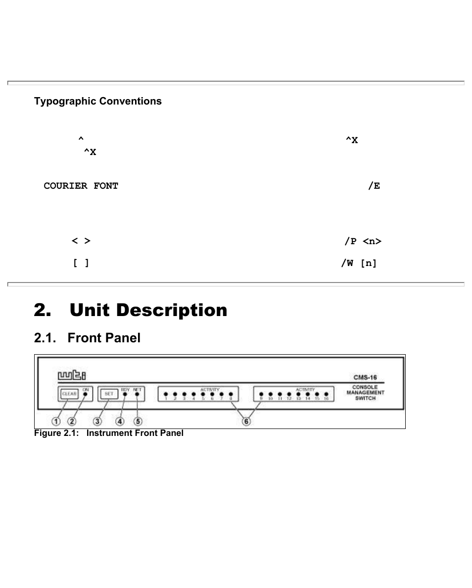 Unit description, Front panel, Instrument front panel | Western Telematic CMS-16 User Manual | Page 7 / 62