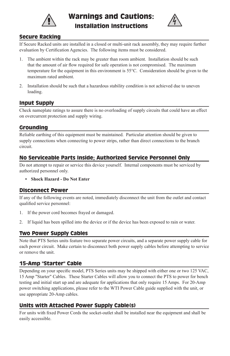 Warnings and cautions, Installation instructions | Western Telematic PTS-8NE15-1 User Manual | Page 2 / 4