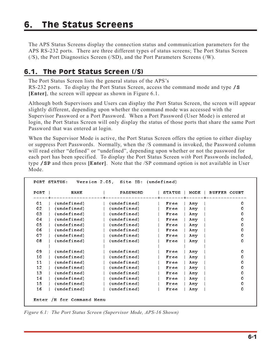 The status screens, The port status screen (/s) | Western Telematic APS-16 User Manual | Page 29 / 55