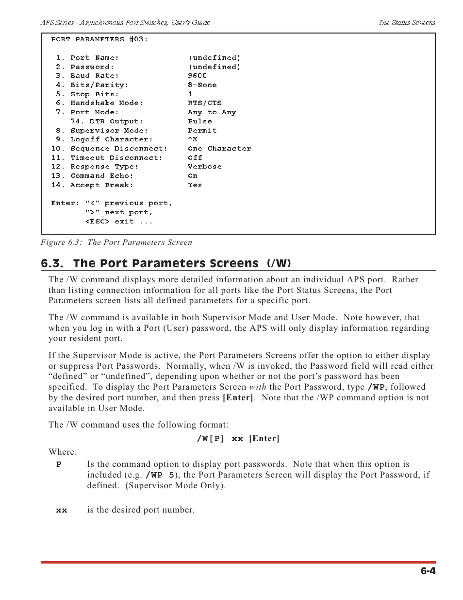 The port parameters screens (/w) | Western Telematic APS-16 User Manual | Page 32 / 55