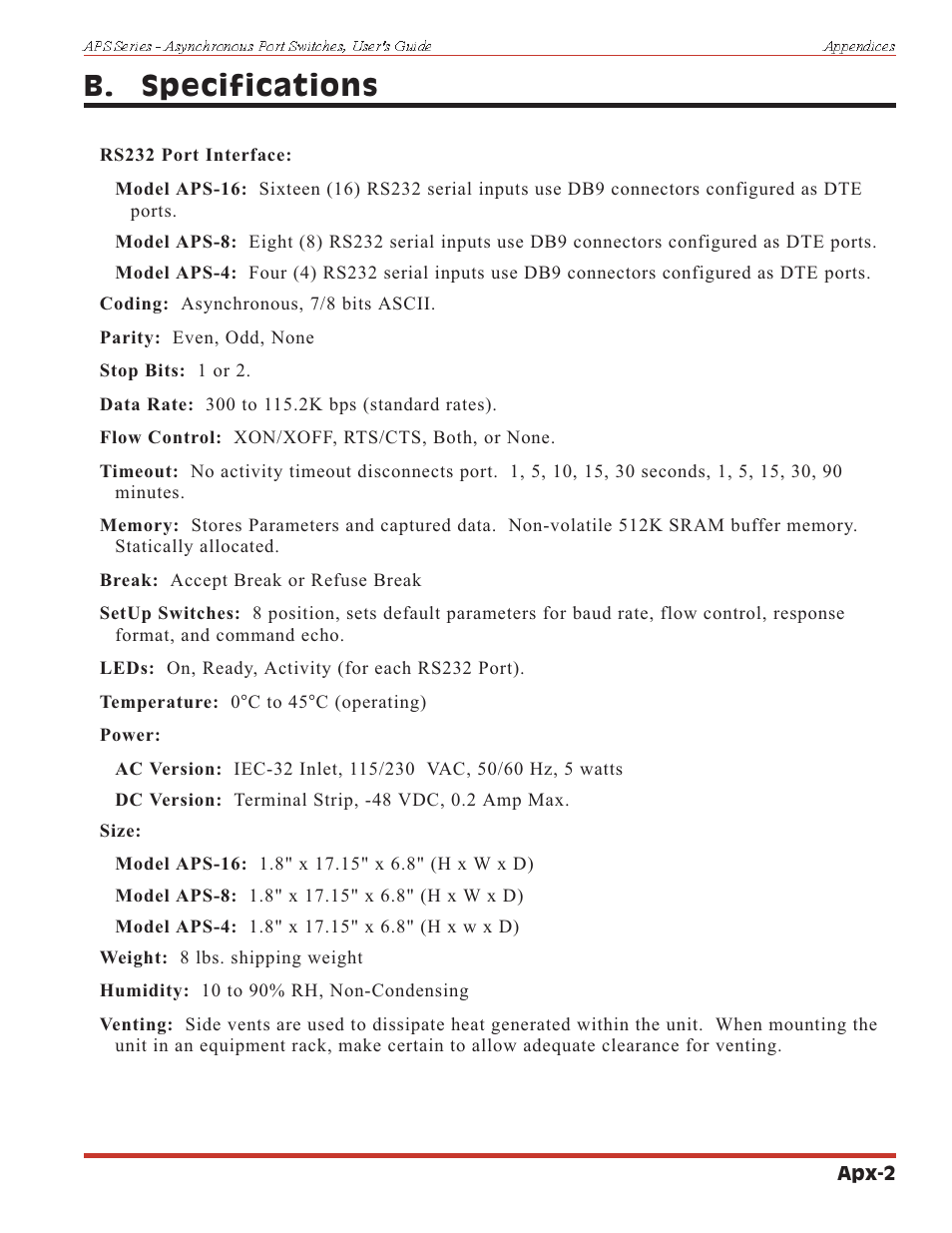 B. specifications | Western Telematic APS-16 User Manual | Page 51 / 55