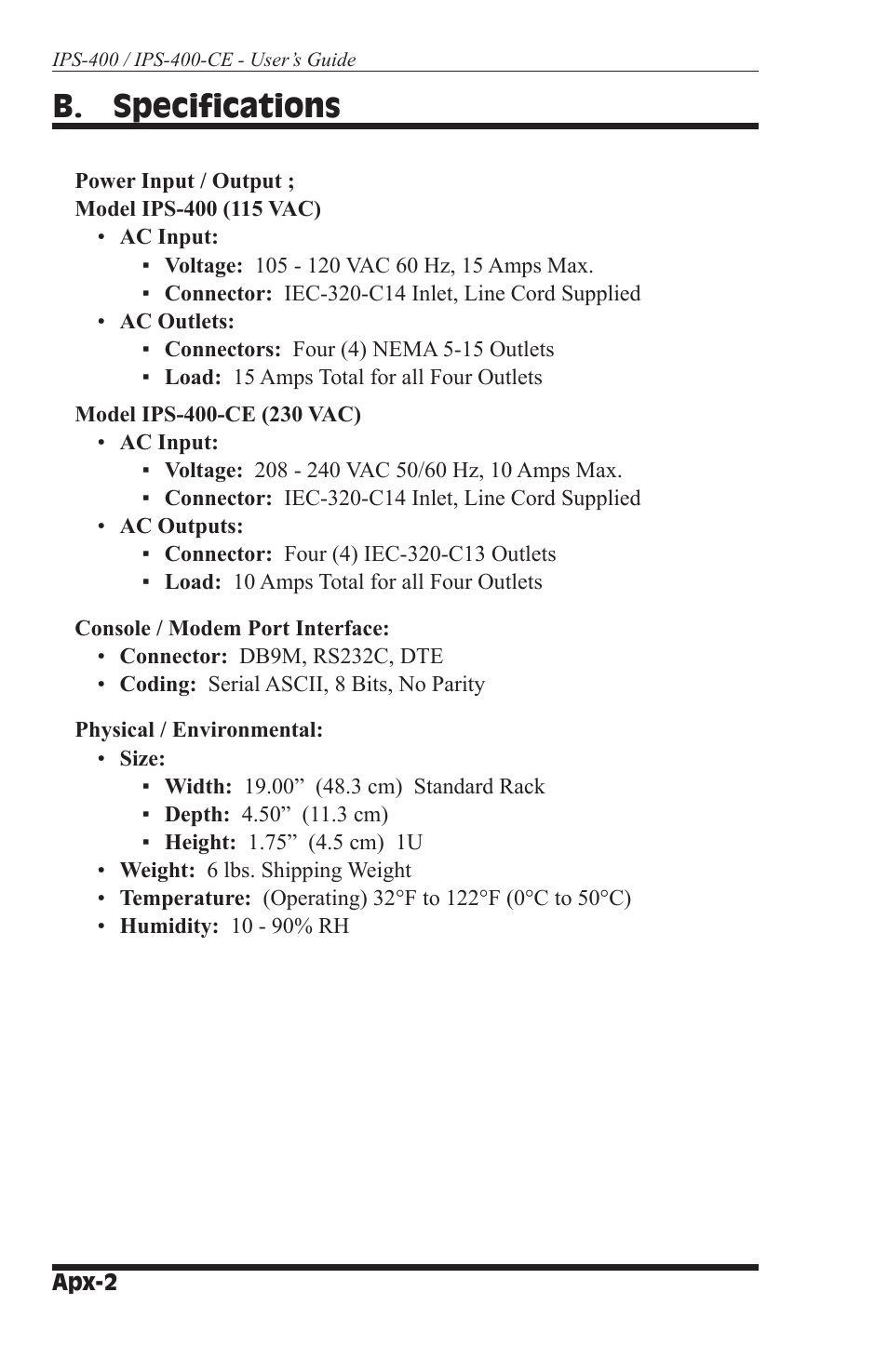 B. specifications | Western Telematic IPS-400 User Manual | Page 50 / 56