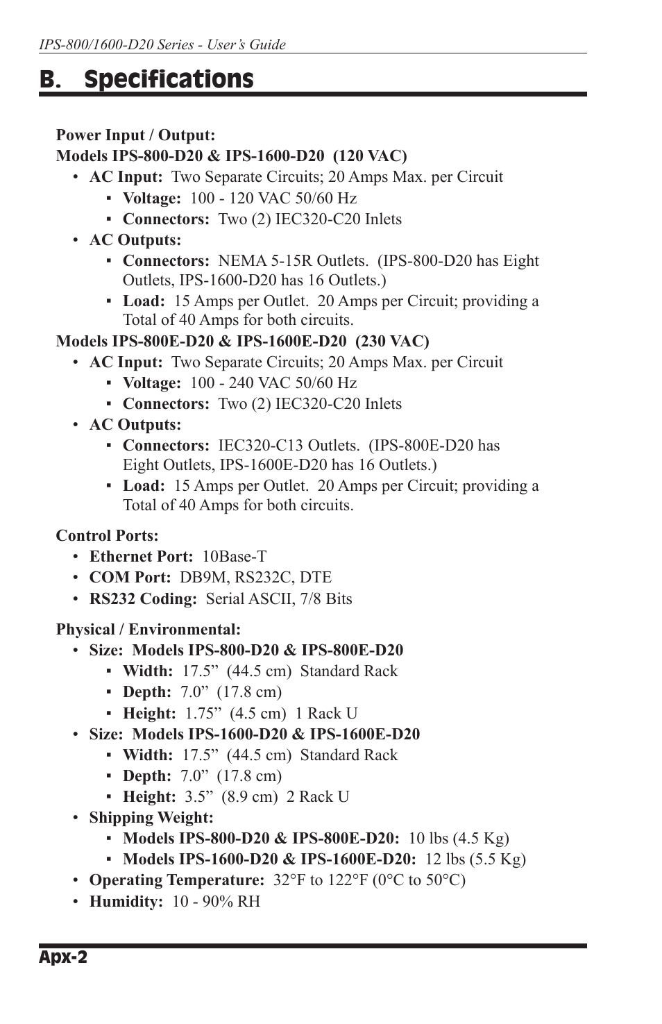 B. specifications | Western Telematic IPS-800-D20 User Manual | Page 52 / 58