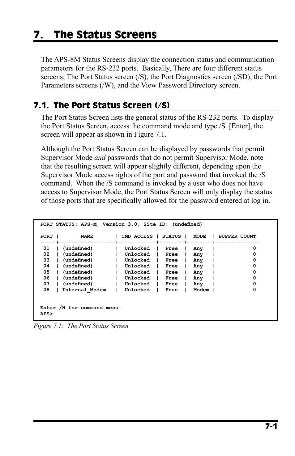 The status screens, The port status screen (/s) | Western Telematic APS-8M User Manual | Page 41 / 82