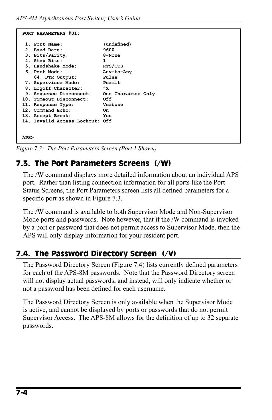 The port parameters screens (/w), The password directory screen (/v) | Western Telematic APS-8M User Manual | Page 44 / 82