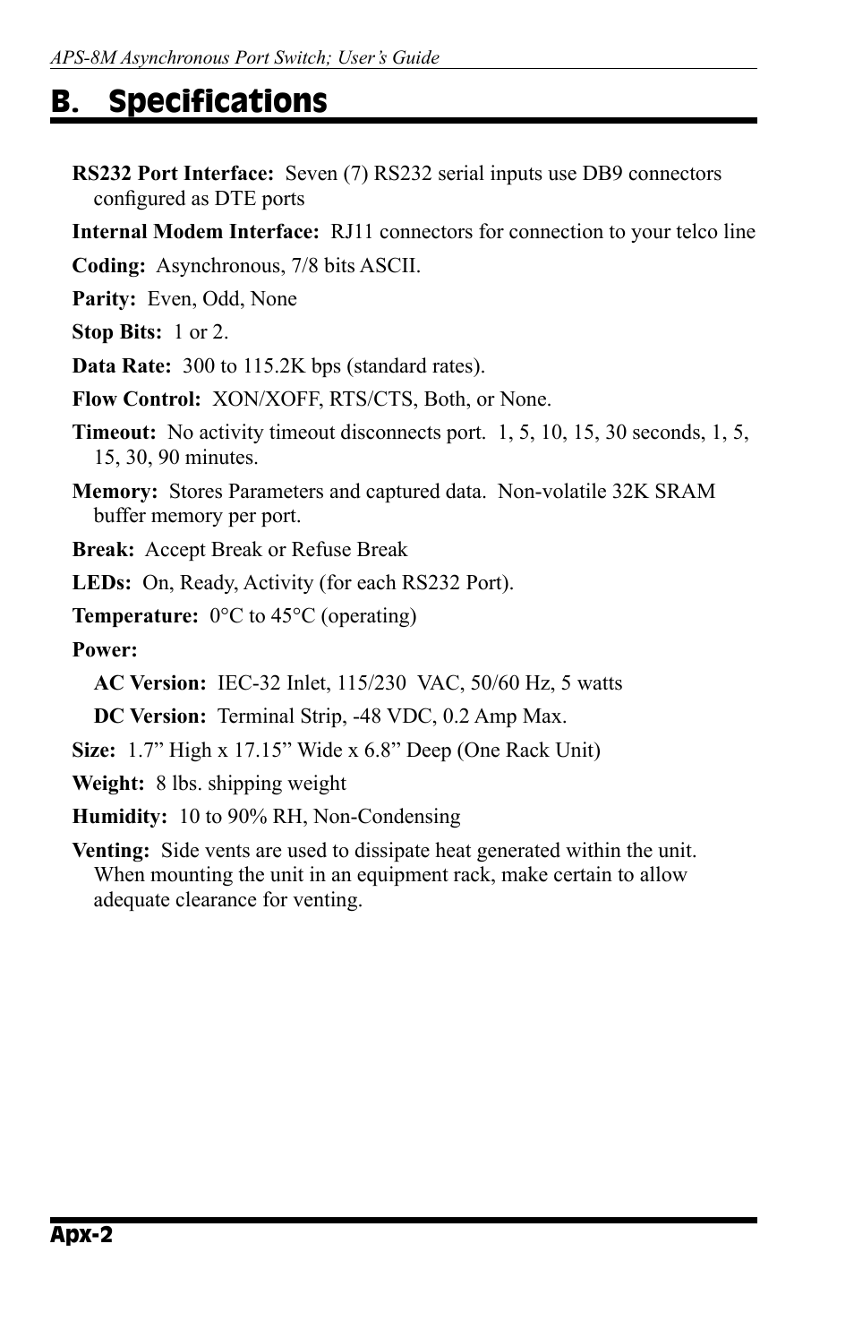 B. specifications | Western Telematic APS-8M User Manual | Page 72 / 82