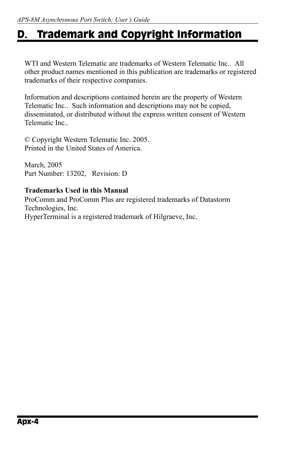 D. trademark and copyright information | Western Telematic APS-8M User Manual | Page 74 / 82