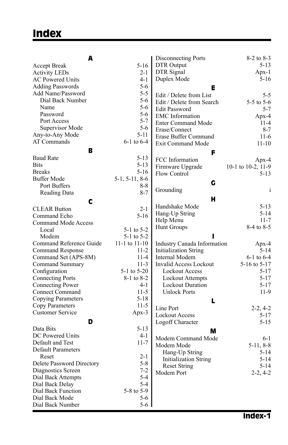 Index, Index-1 | Western Telematic APS-8M User Manual | Page 77 / 82