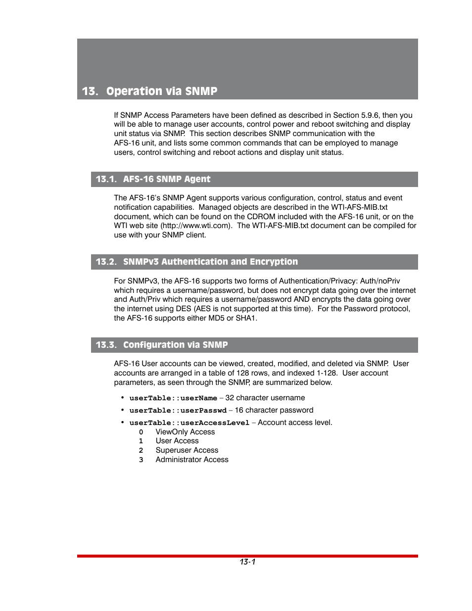 Operation via snmp -1, Afs-16 snmp agent -1, Snmpv3 authentication and encryption -1 | Configuration via snmp -1, Operation via snmp | Western Telematic AFS-16-1 User Manual | Page 100 / 135