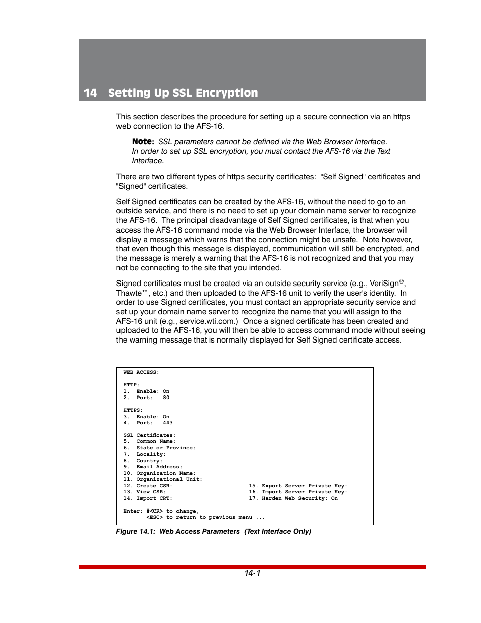 14 setting up ssl encryption -1, Web access parameters (text interface only) -1, 14 setting up ssl encryption | Western Telematic AFS-16-1 User Manual | Page 105 / 135