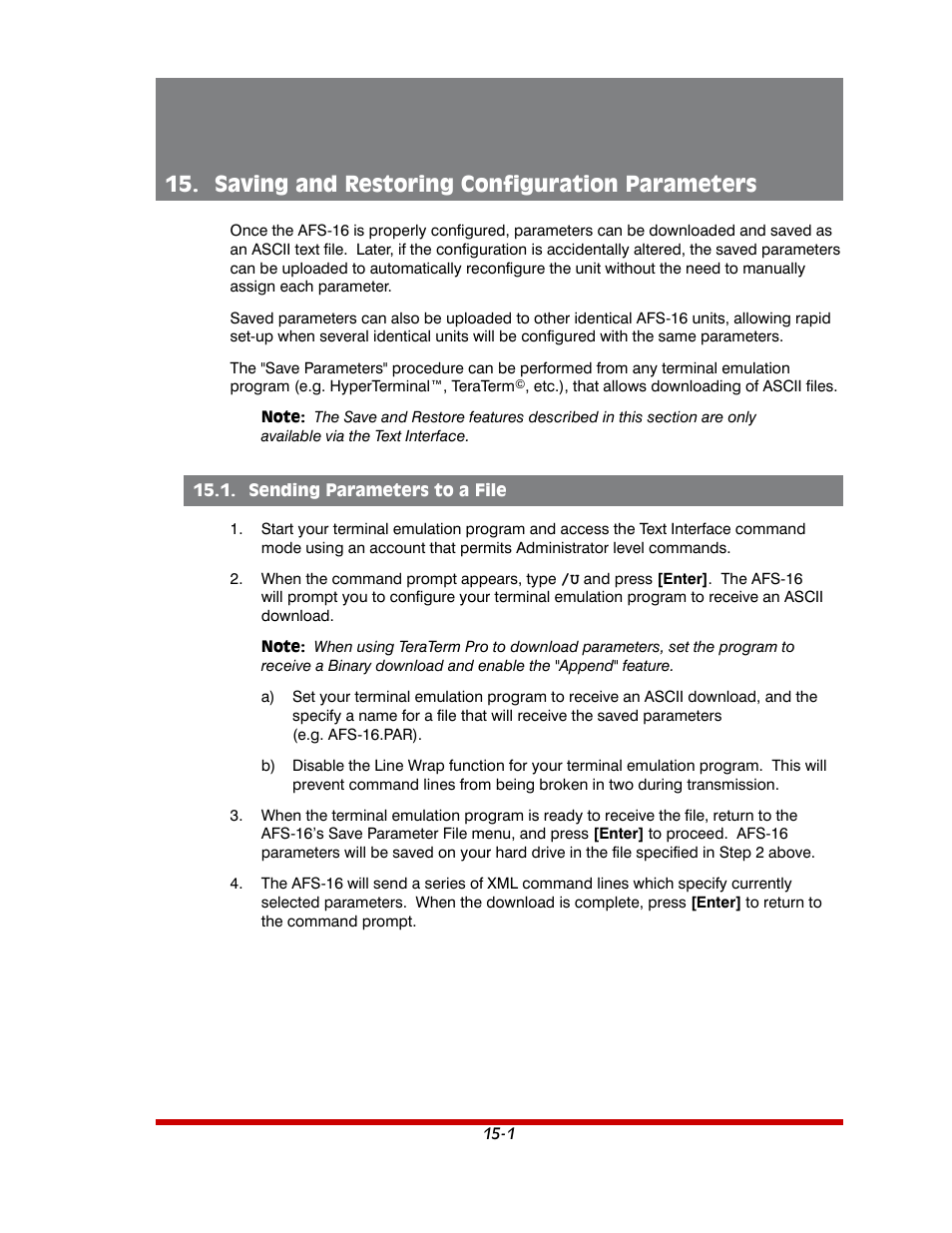 Saving and restoring configuration parameters -1, Sending parameters to a file -1, Saving and restoring configuration parameters | Western Telematic AFS-16-1 User Manual | Page 109 / 135