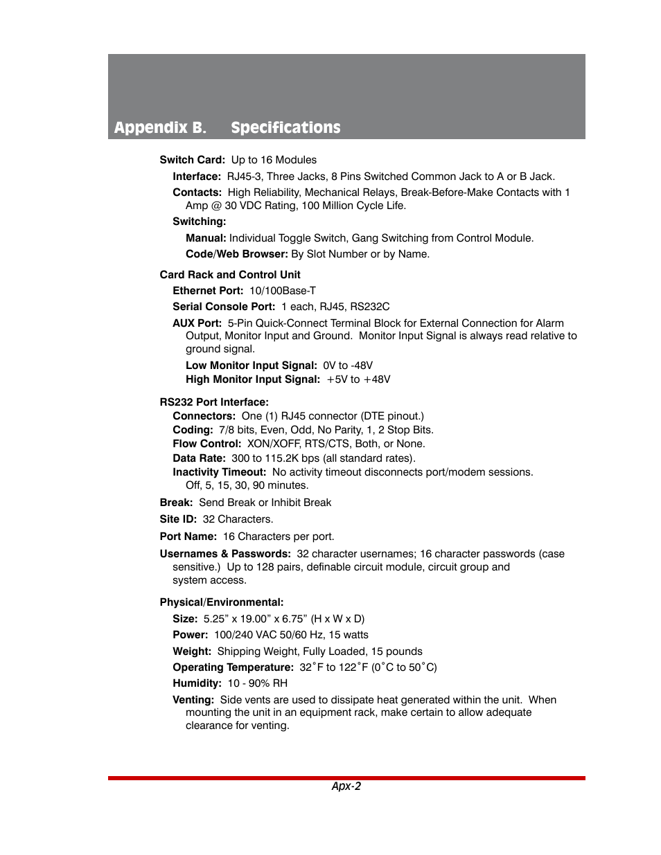 Appendix b. specifications | Western Telematic AFS-16-1 User Manual | Page 125 / 135