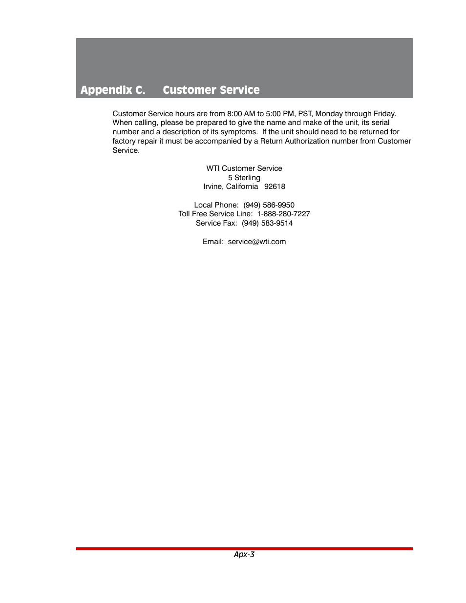 Appendix c. customer service | Western Telematic AFS-16-1 User Manual | Page 126 / 135