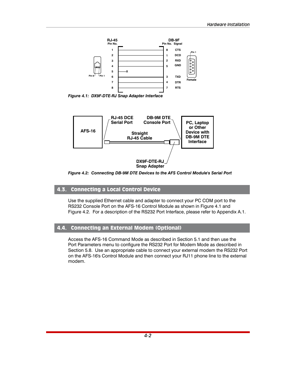 Connecting a local control device -2, Connecting an external modem (optional) -2, Dx9f-dte-rj snap adapter interface -2 | Connecting a local control device, Connecting an external modem (optional) | Western Telematic AFS-16-1 User Manual | Page 20 / 135