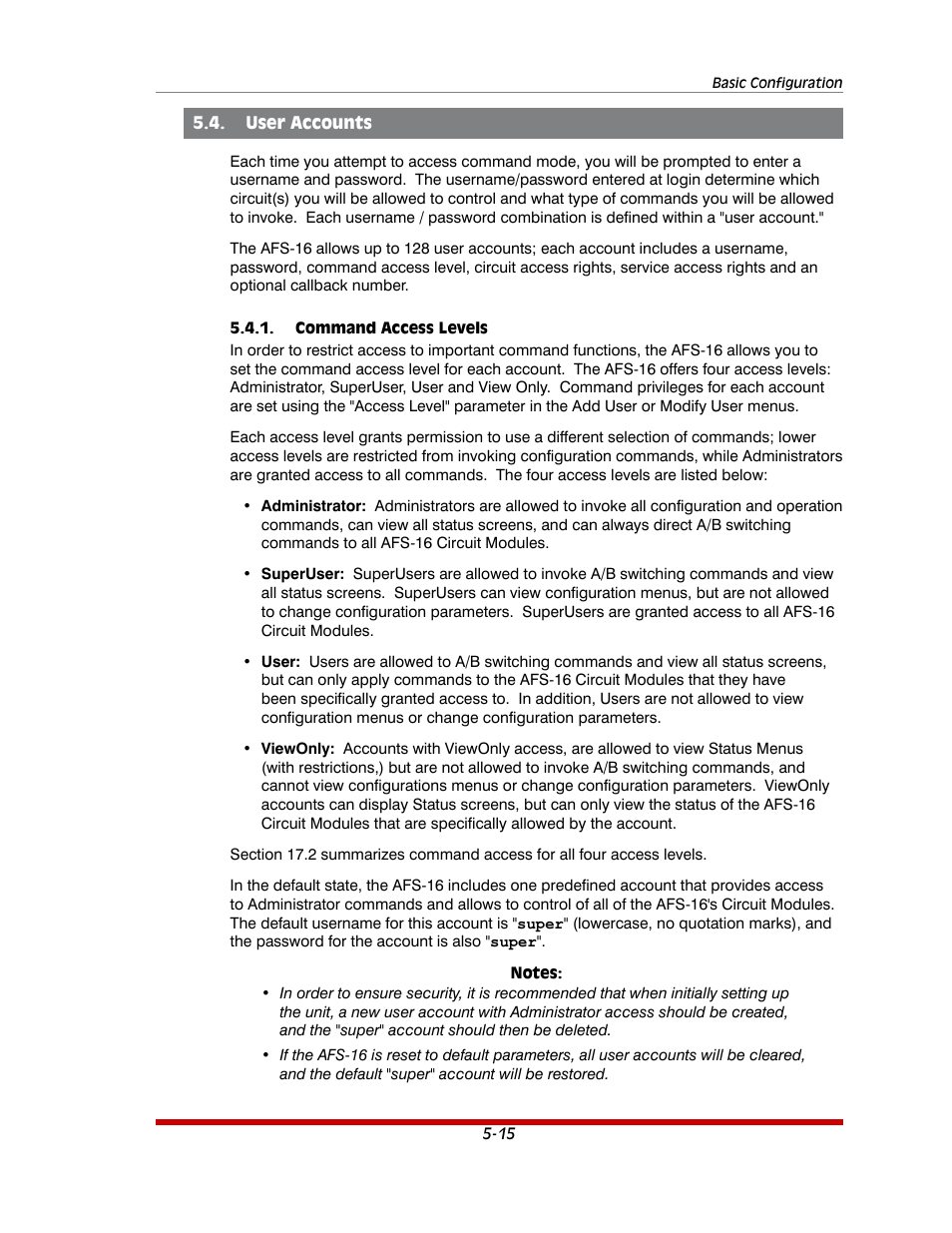 User accounts -15, Command access levels -15 | Western Telematic AFS-16-1 User Manual | Page 36 / 135