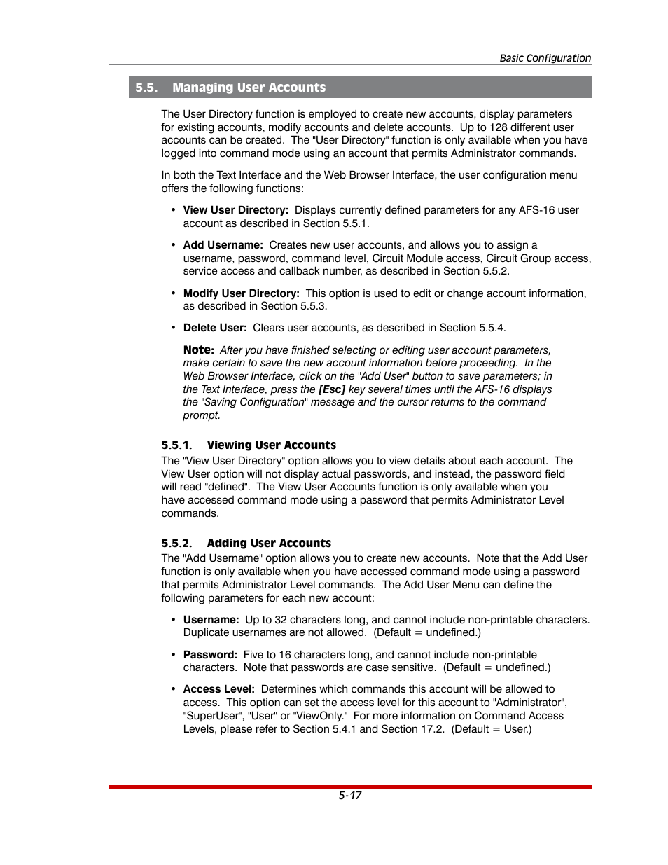 Managing user accounts -17, Viewing user accounts -17, Adding user accounts -17 | Western Telematic AFS-16-1 User Manual | Page 38 / 135