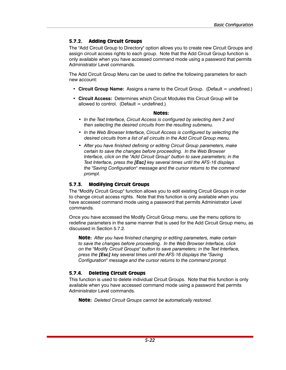 Adding circuit groups -22, Modifying circuit groups -22, Deleting circuit groups -22 | Western Telematic AFS-16-1 User Manual | Page 43 / 135