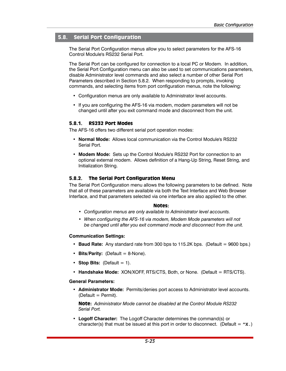 Serial port configuration -23, Rs232 port modes -23, The serial port configuration menu -23 | Western Telematic AFS-16-1 User Manual | Page 44 / 135