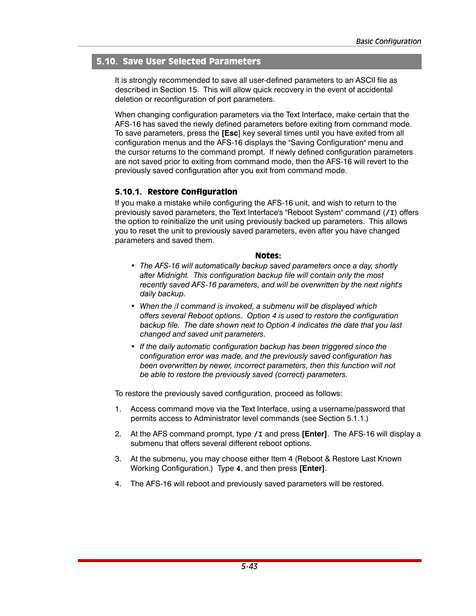 Save user selected parameters -43, Restore configuration -43 | Western Telematic AFS-16-1 User Manual | Page 64 / 135