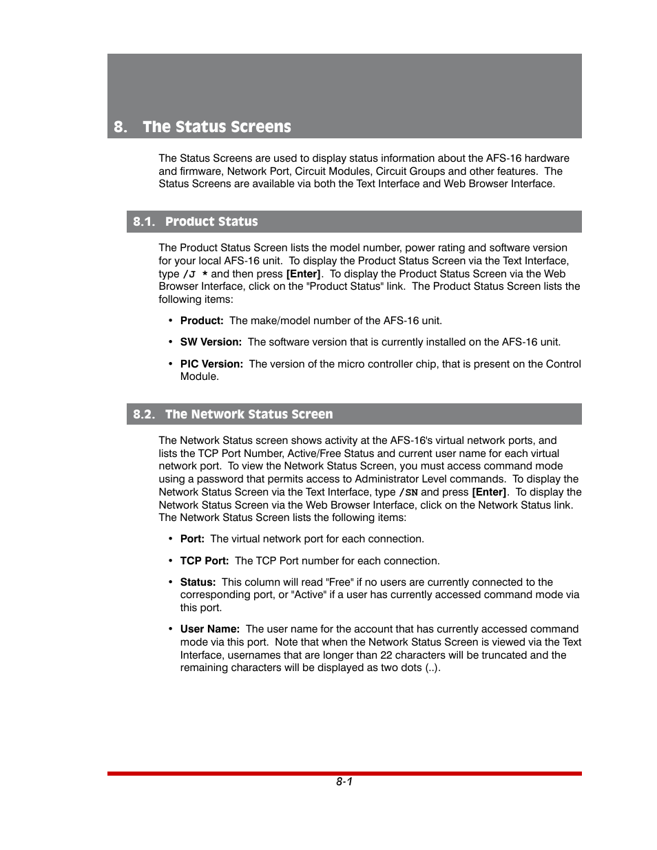 The status screens -1, Product status -1, The network status screen -1 | The status screens | Western Telematic AFS-16-1 User Manual | Page 81 / 135