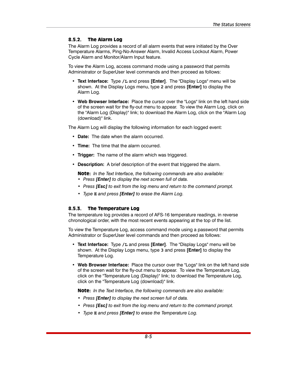 The alarm log -5, The temperature log -5 | Western Telematic AFS-16-1 User Manual | Page 85 / 135