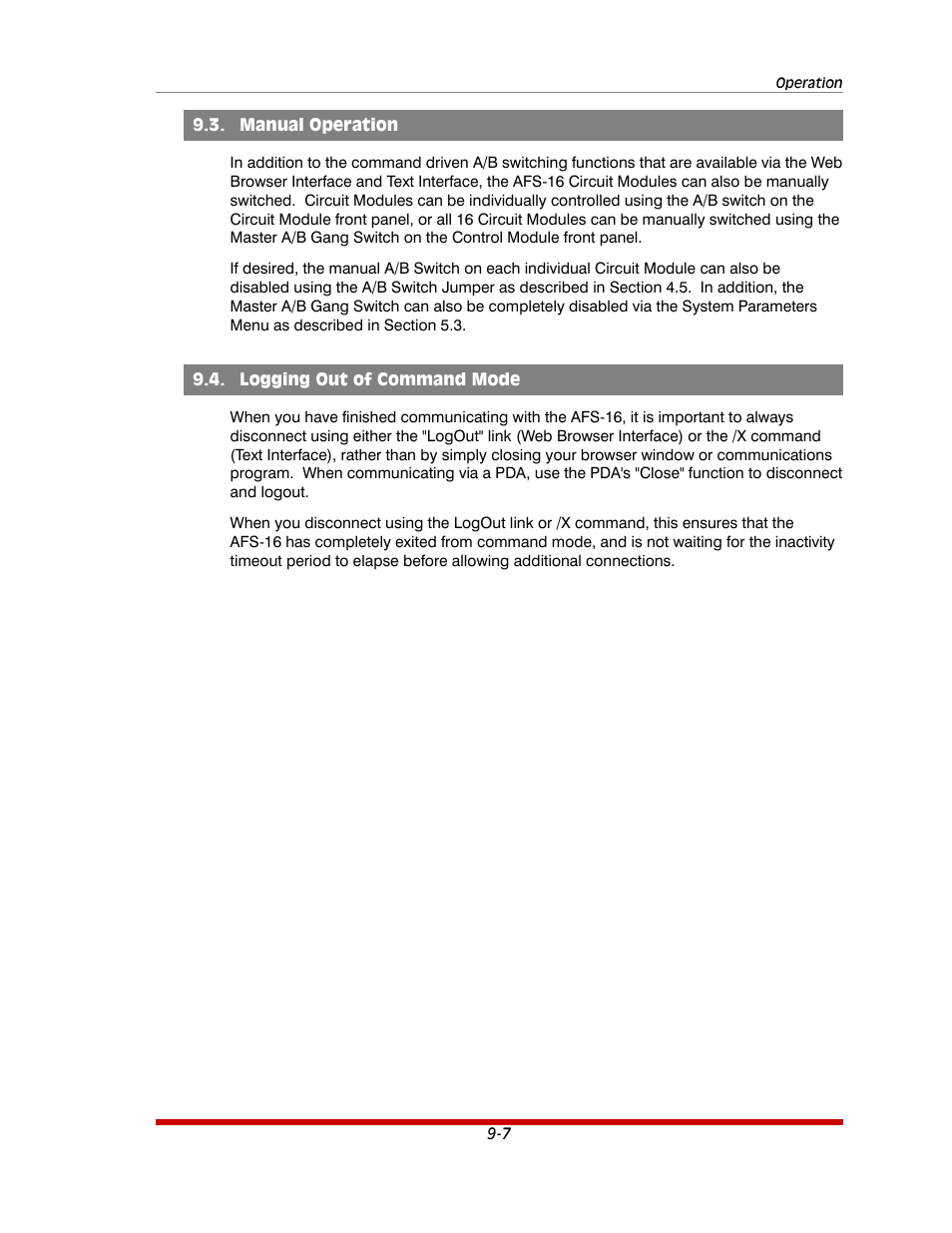 Manual operation -7, Logging out of command mode -7 | Western Telematic AFS-16-1 User Manual | Page 92 / 135