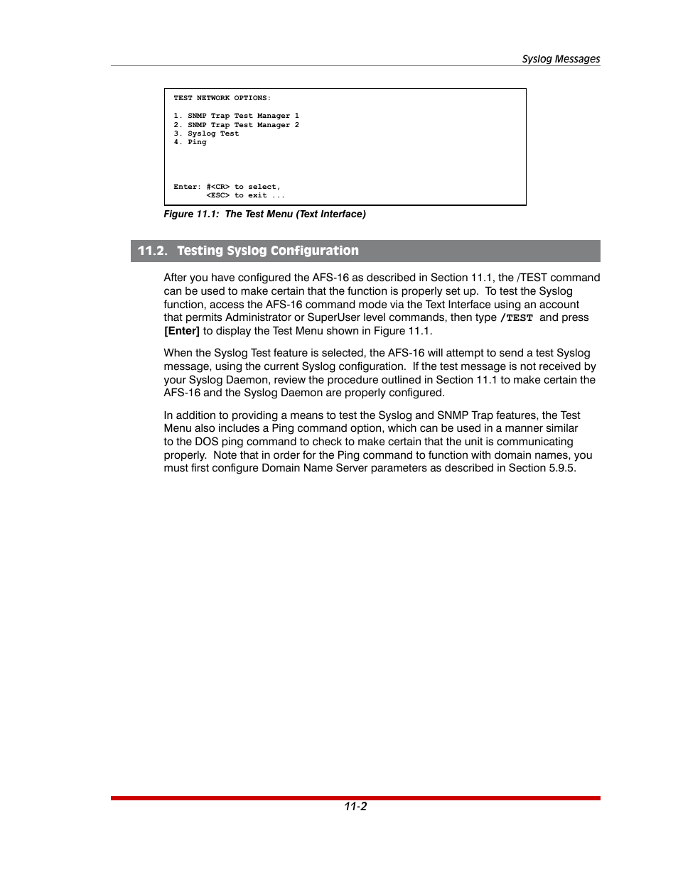 Testing syslog configuration -2, The test menu (text interface) -2, Testing syslog configuration | Western Telematic AFS-16-1 User Manual | Page 97 / 135