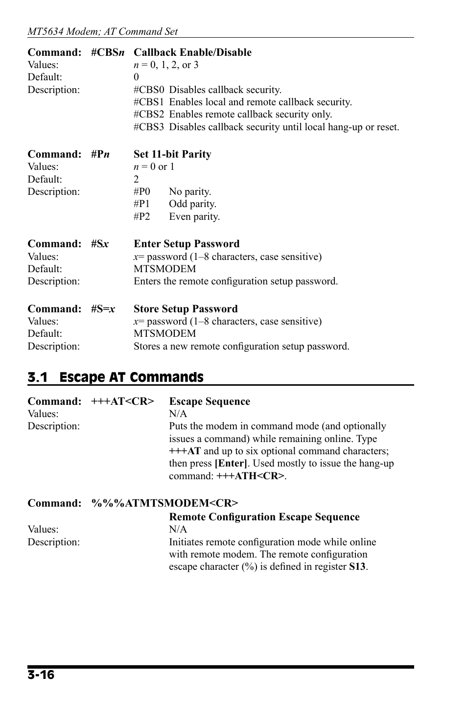 1 escape at commands | Western Telematic MT5634 User Manual | Page 24 / 36