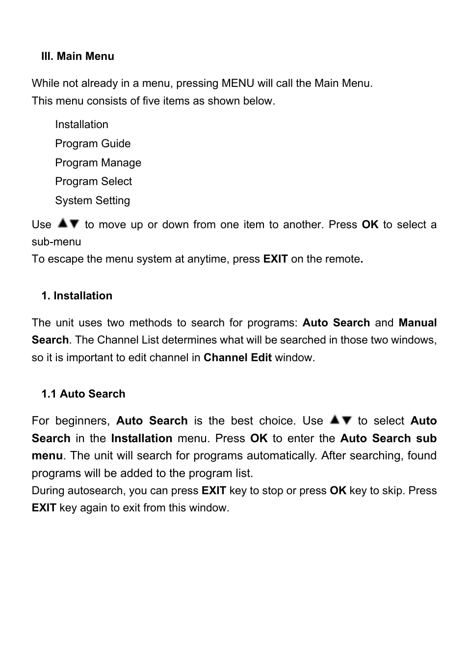 Iii. main menu, Installation, 1 auto search | Wintal STB1HD User Manual | Page 13 / 23