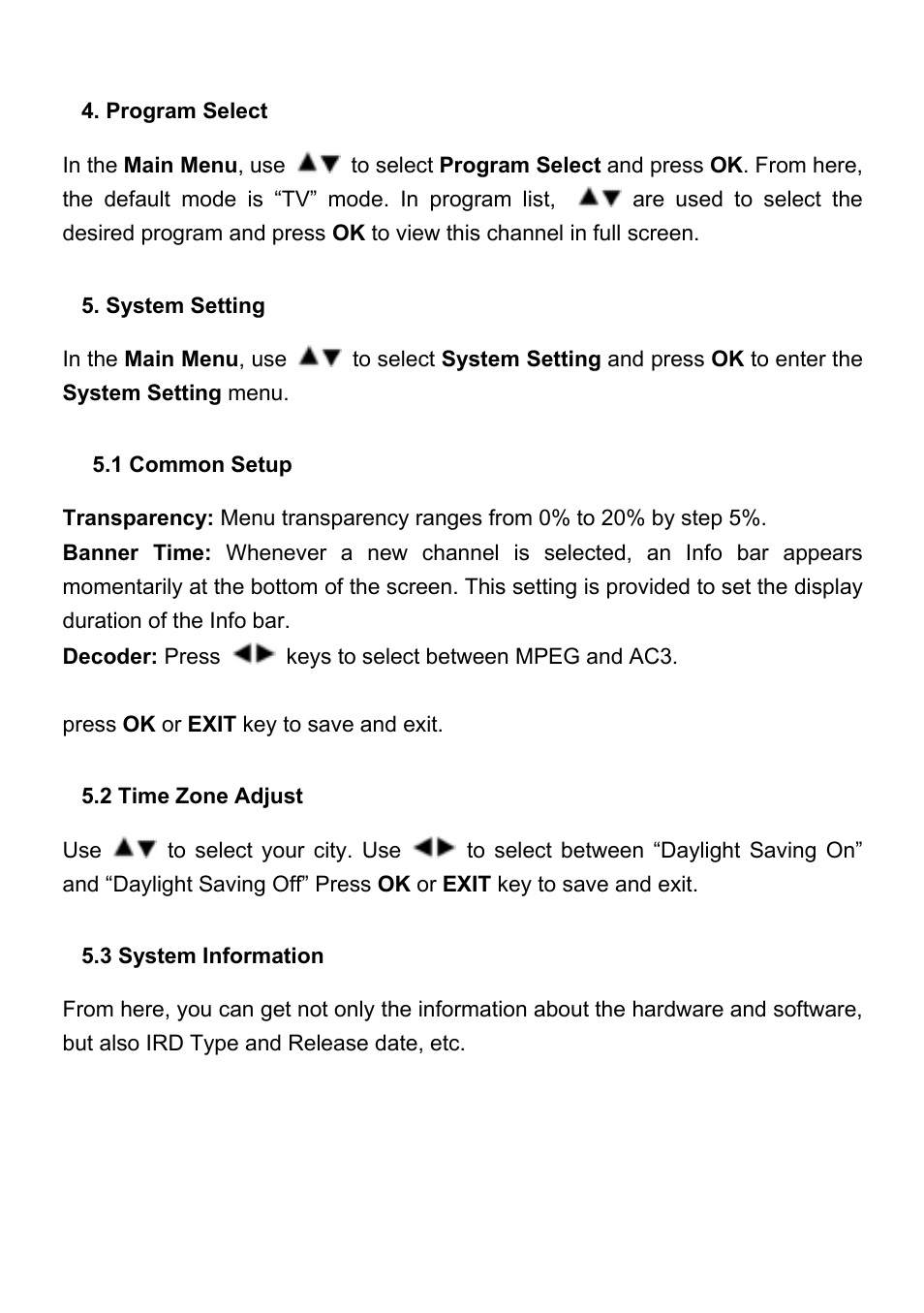 Program select, System setting, 1 common setup | 2 time zone adjust, 3 system information | Wintal STB1HD User Manual | Page 18 / 23