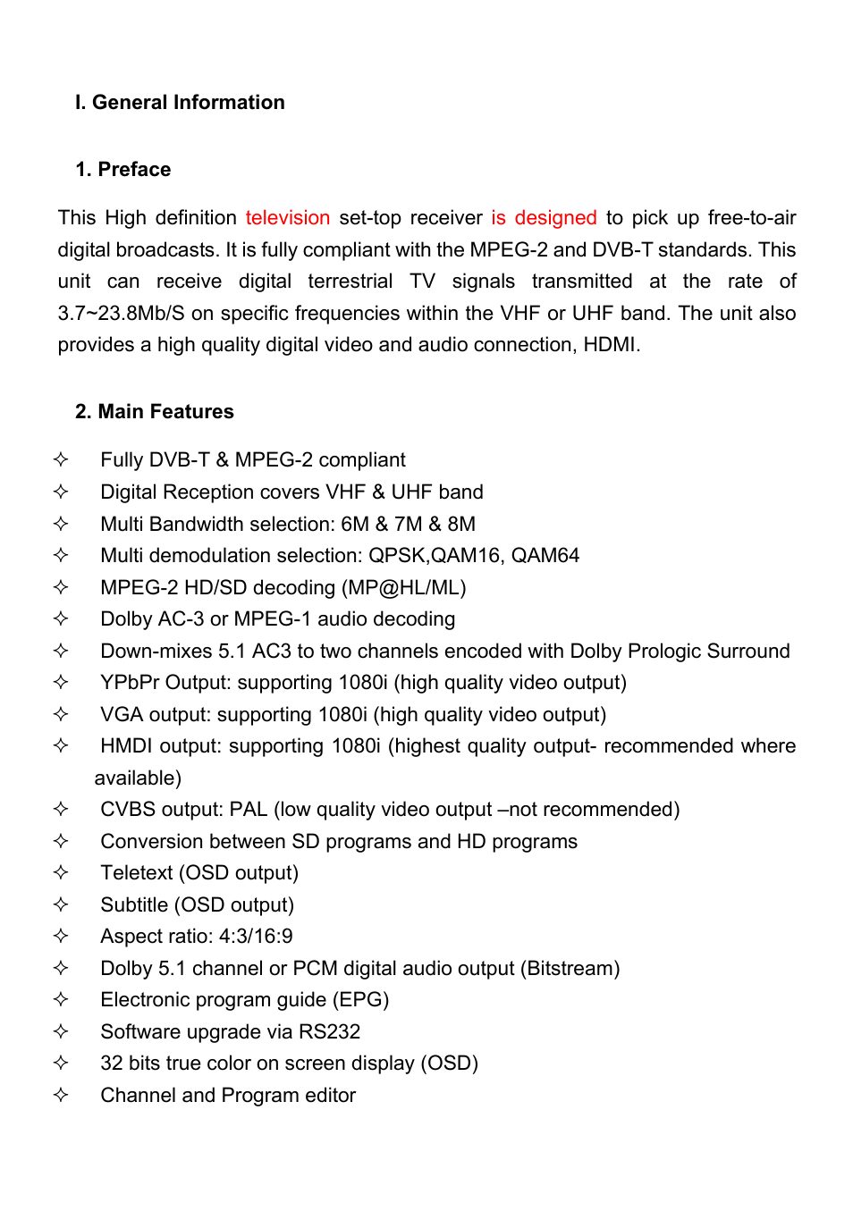 I. general information, Preface, Main features | Wintal STB1HD User Manual | Page 4 / 23