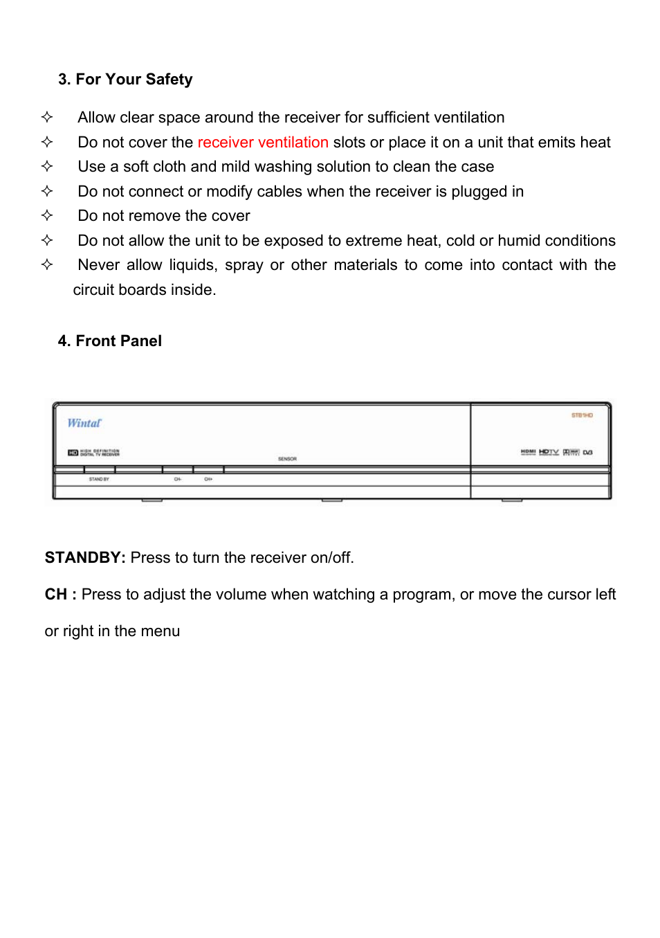 For your safety, Front panel | Wintal STB1HD User Manual | Page 5 / 23