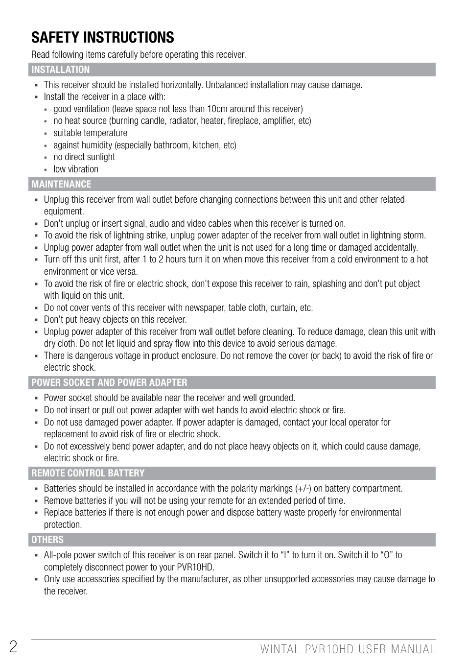 Safety instructions | Wintal PVR10 User Manual | Page 2 / 48