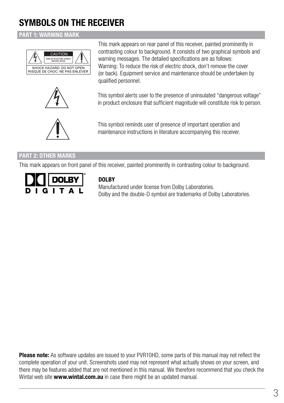 Symbols on the receiver | Wintal PVR10 User Manual | Page 3 / 48