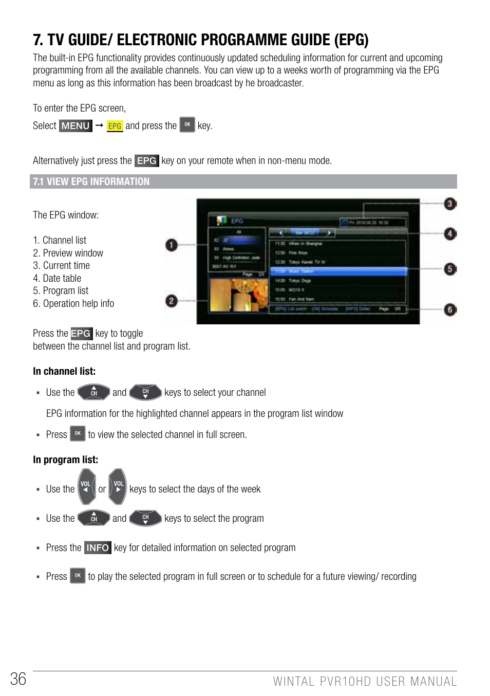 Tv guide/ electronic programme guide (epg) | Wintal PVR10 User Manual | Page 36 / 48