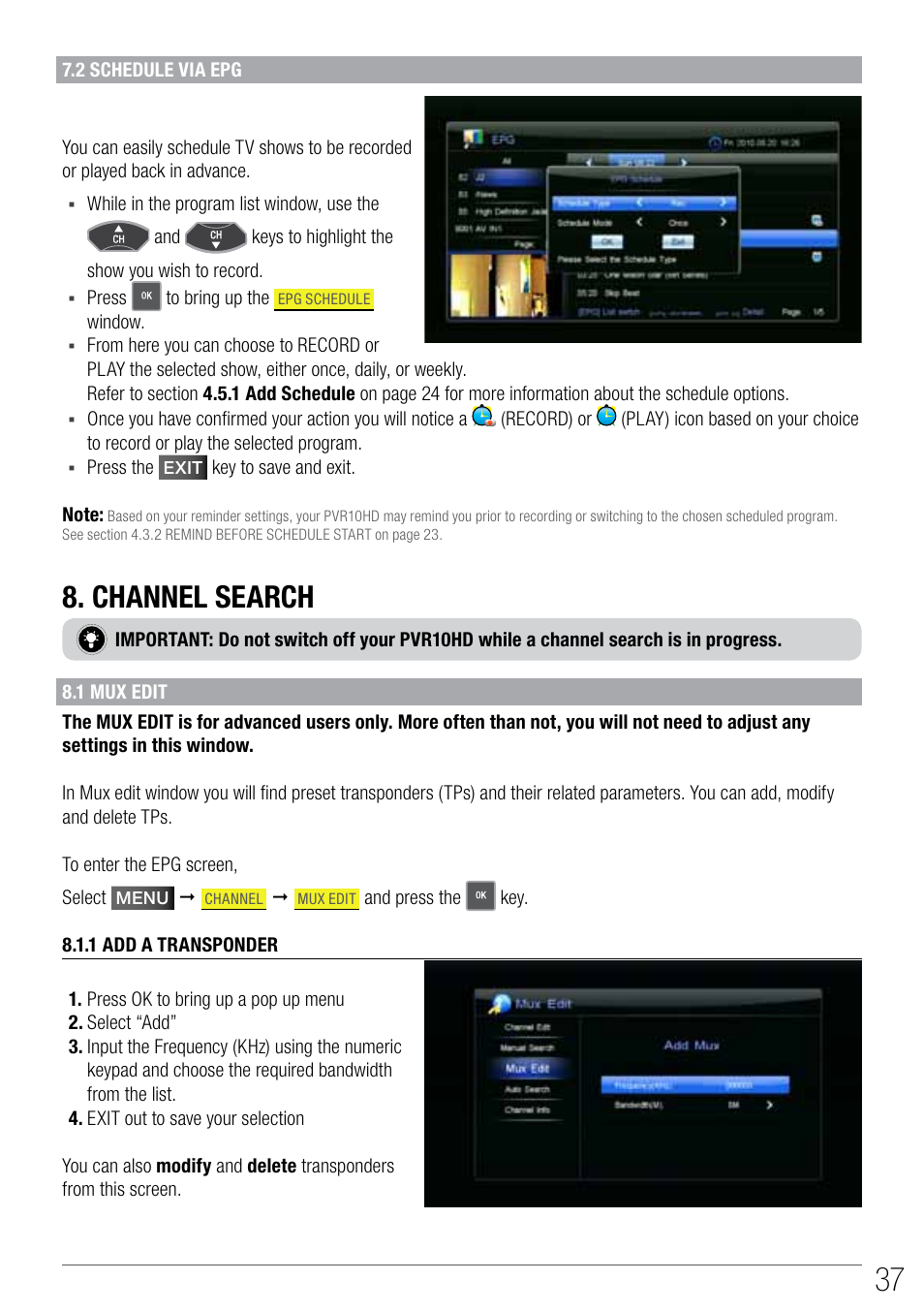 Channel search | Wintal PVR10 User Manual | Page 37 / 48