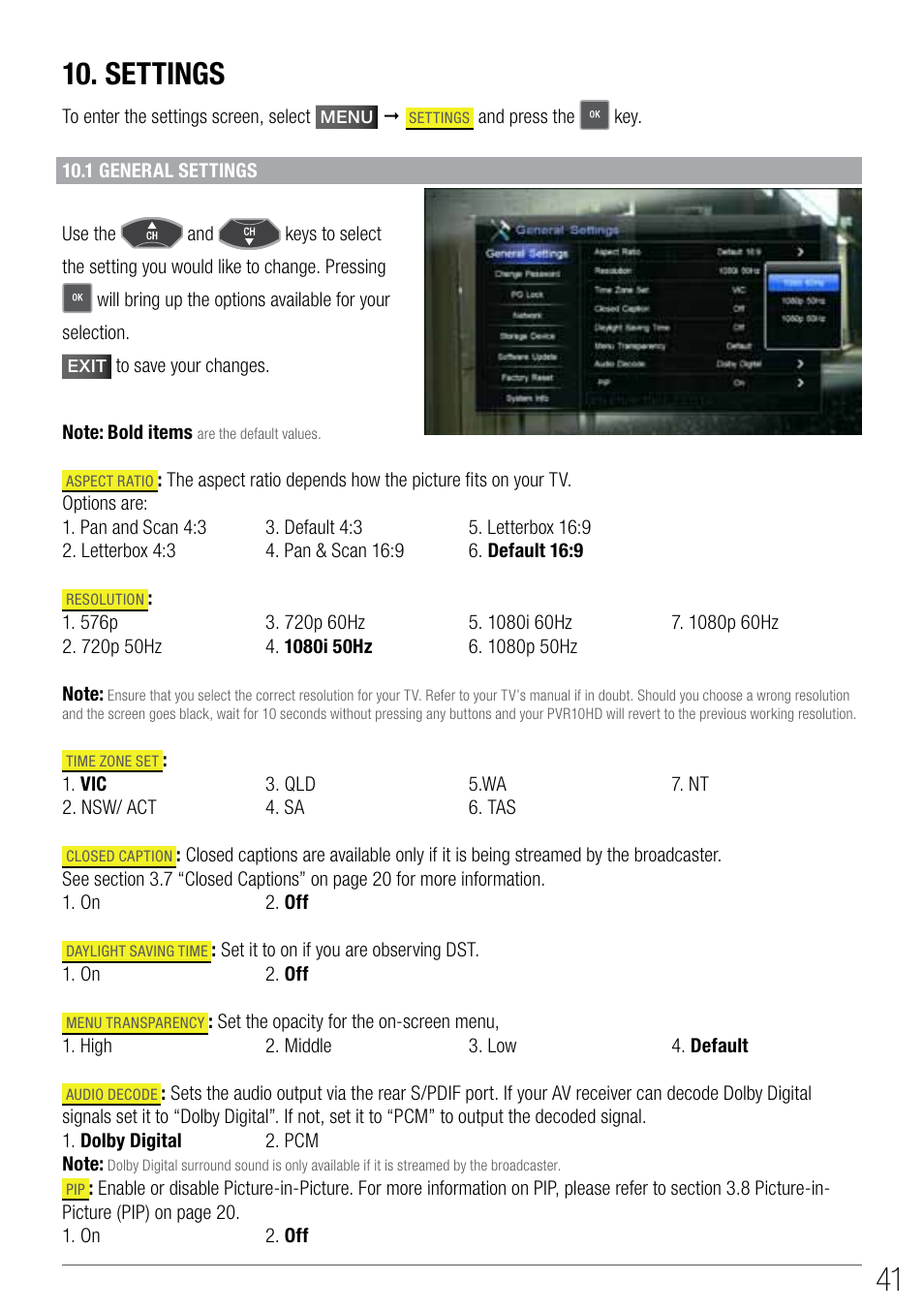 Settings | Wintal PVR10 User Manual | Page 41 / 48