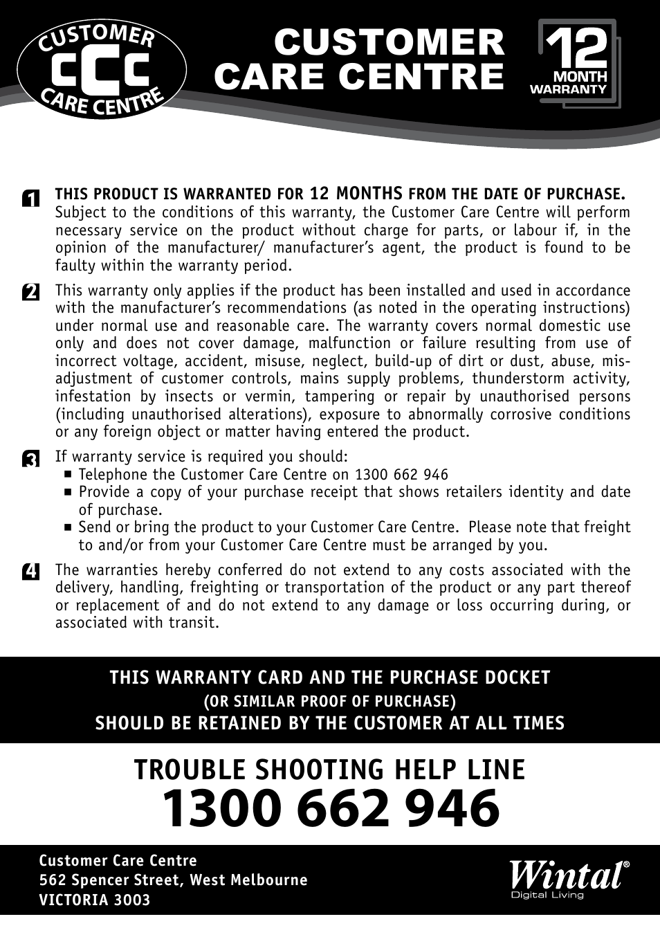 Customer care centre, Trouble shooting help line, Cust omer | Care centre | Wintal PVR10 User Manual | Page 47 / 48