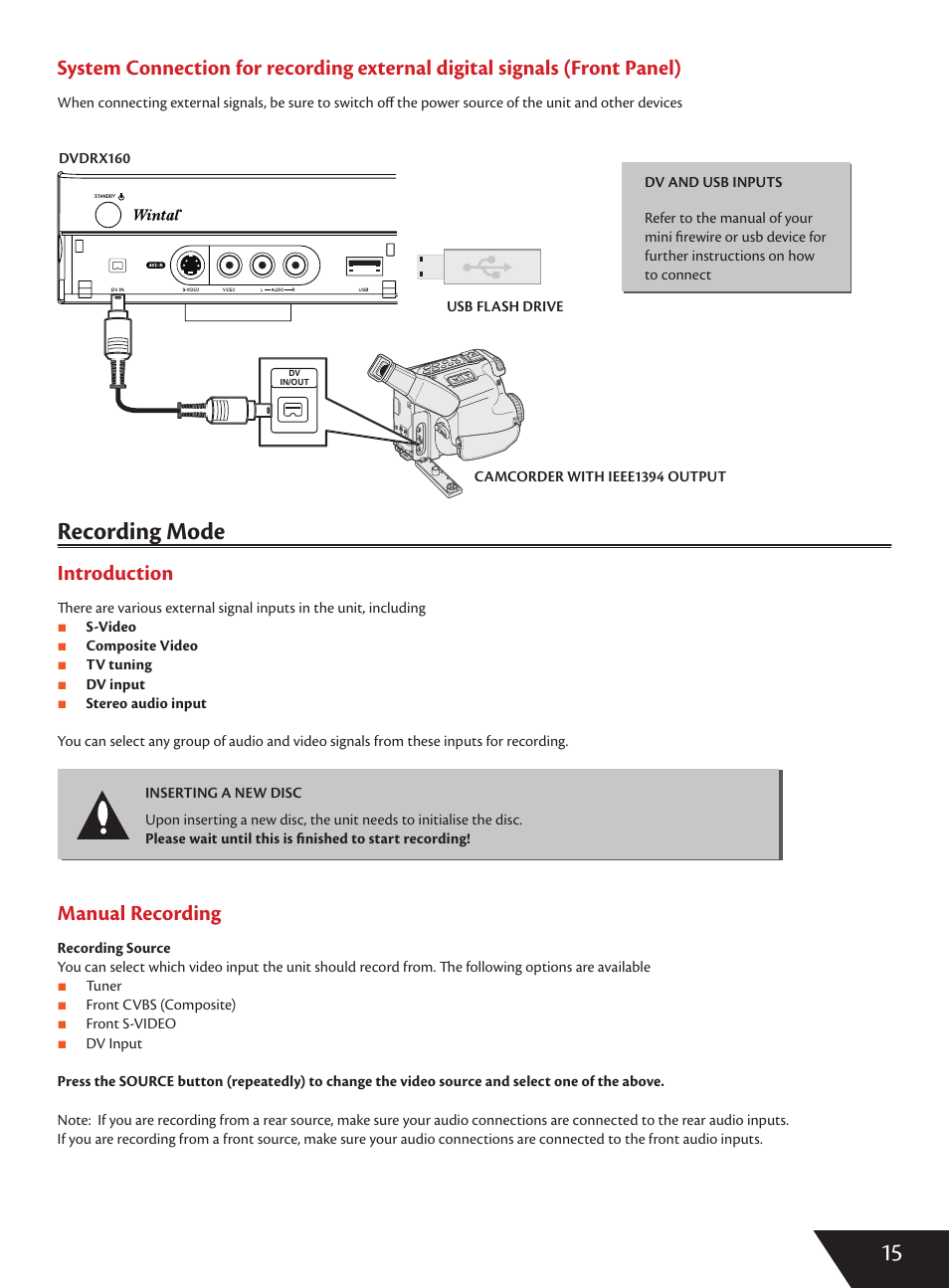 Recording mode g, Introduction, Manual recording | Wintal DVDRX160 User Manual | Page 16 / 47