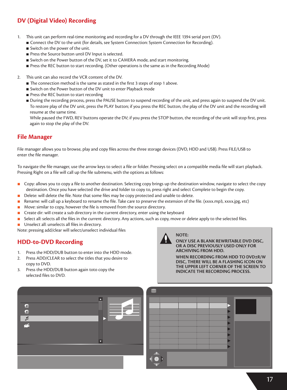 Dv (digital video) recording, File manager, Hdd-to-dvd recording | Wintal DVDRX160 User Manual | Page 18 / 47