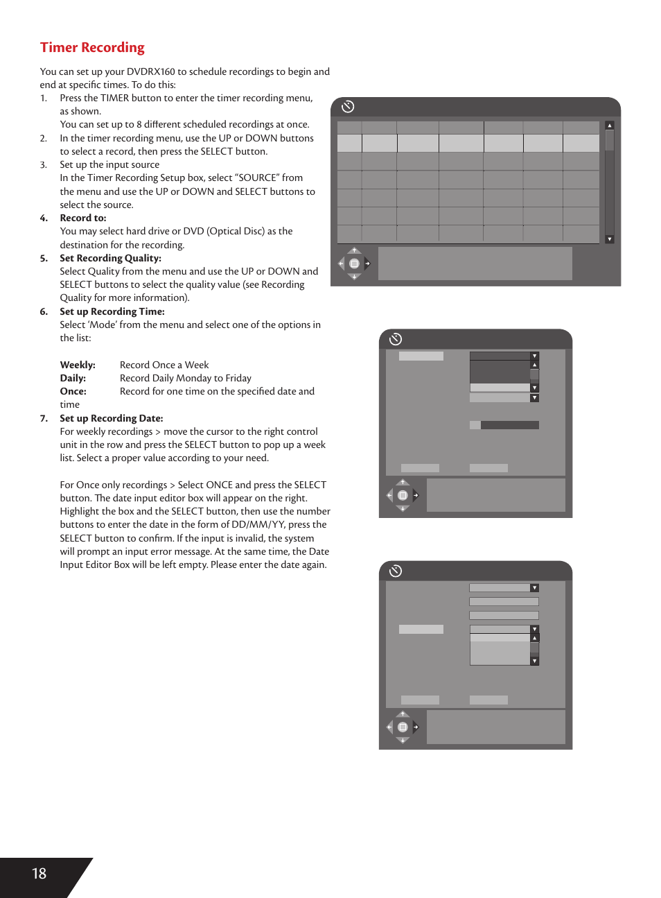 Timer recording, Timer recording setup | Wintal DVDRX160 User Manual | Page 19 / 47