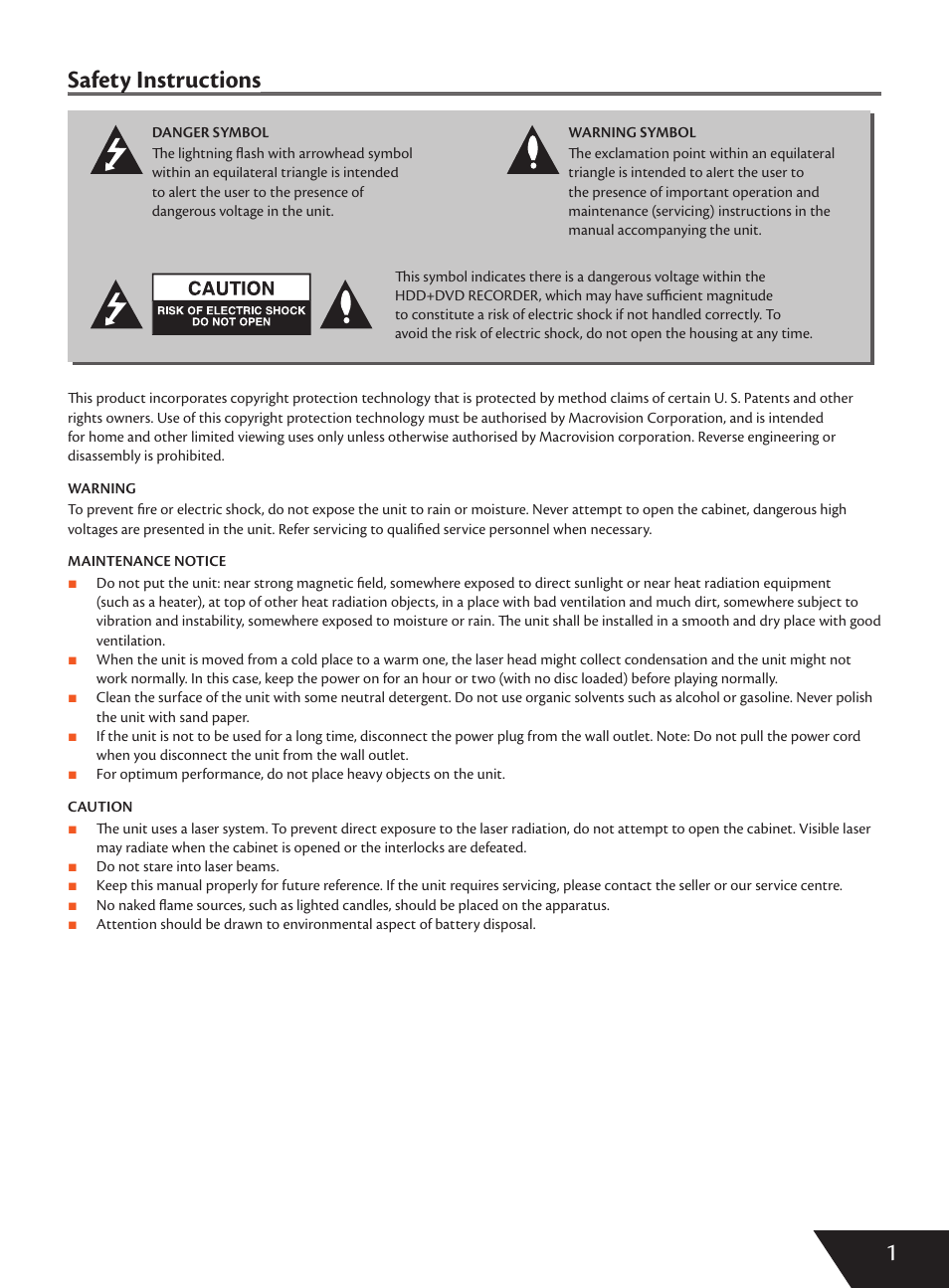 1safety instructions y | Wintal DVDRX160 User Manual | Page 2 / 47